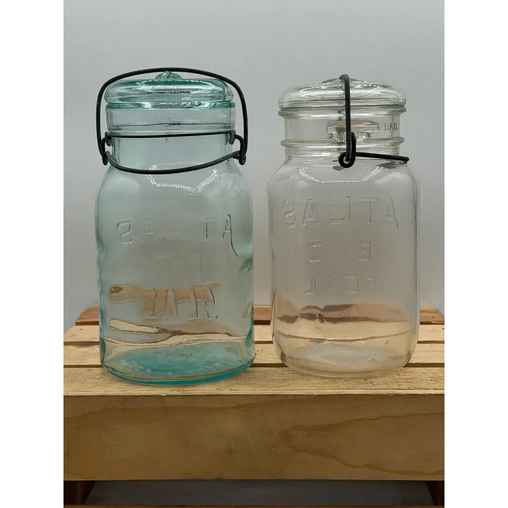 Vintage Atlas E-Z Seal Mason Jars - (Aqua & Clear) - Lot of 2